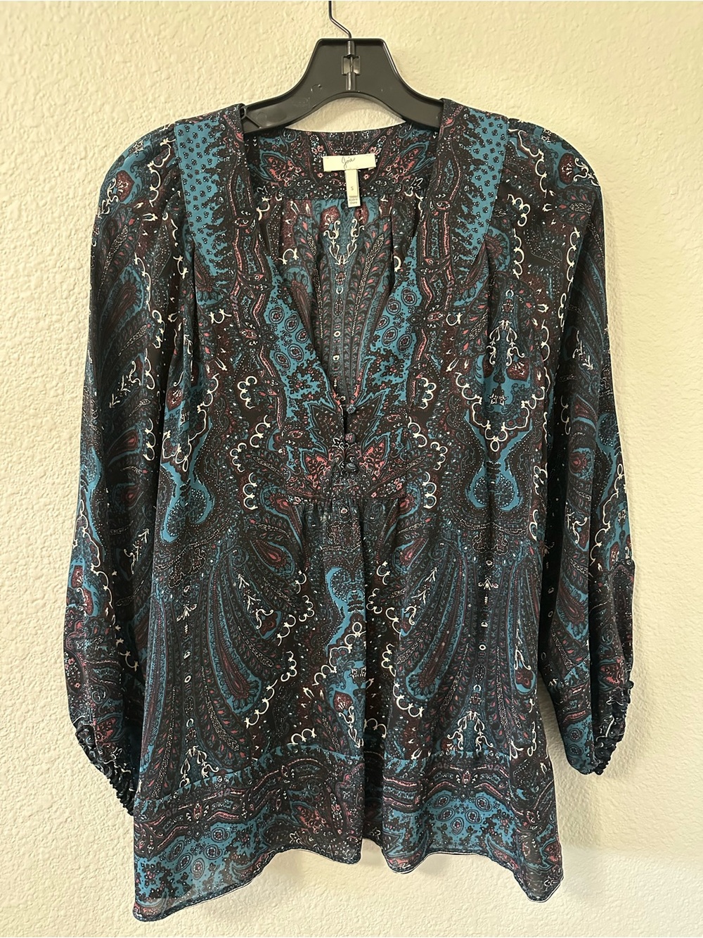 Joie 100% Silk Paisley V-Neck Blouse Teal Burgundy Boho Peasant Top Size S